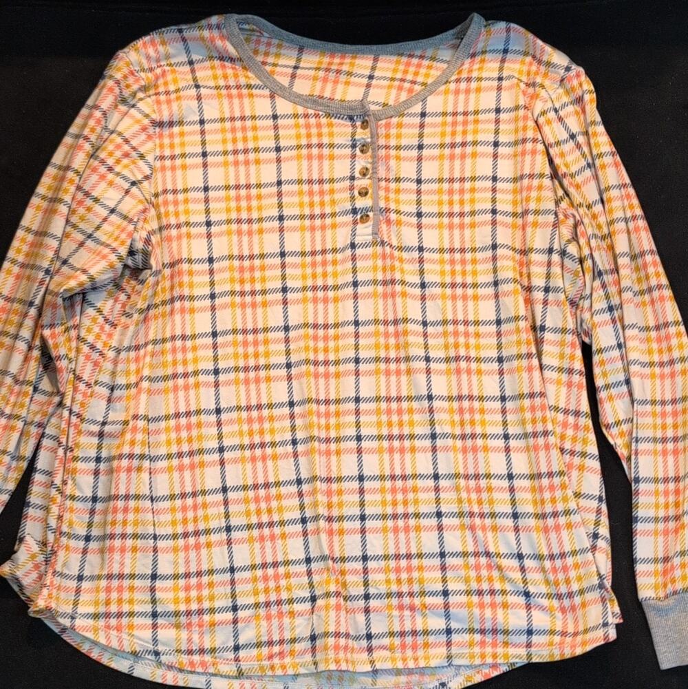 Women's Multicolor Plaid Long Sleeve Henley Button Front Top Regular